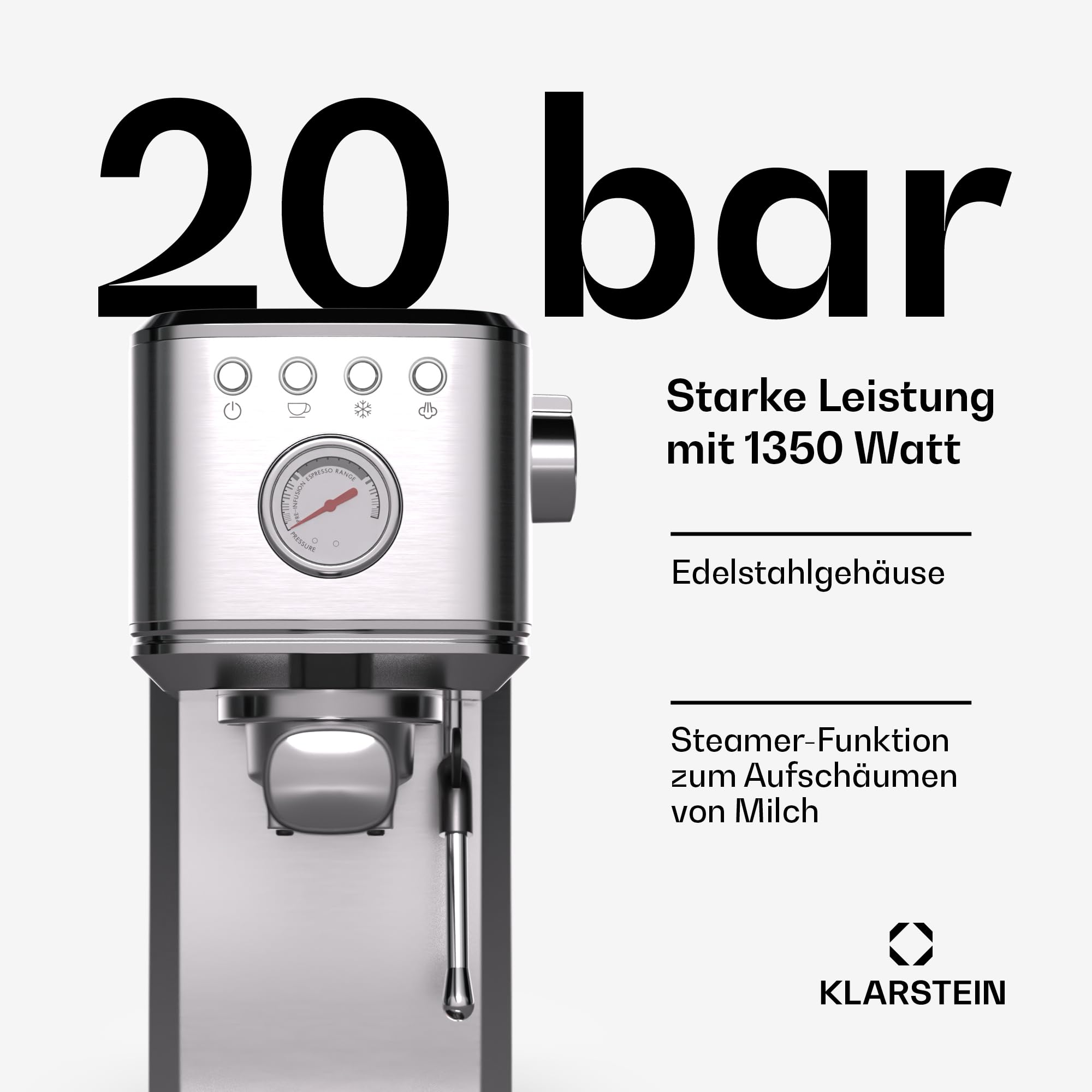 Klarstein SteelPresso Slim Siebträgermaschine 20-Bar 1350W Edelstahl 1,2L Wassertank Dampfdüse Kompakt Espressomaschine