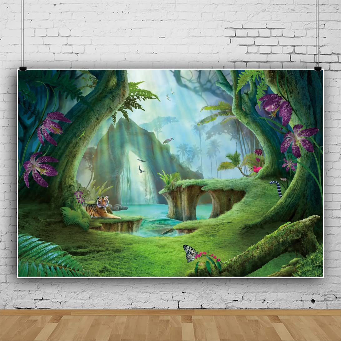 Aoihrraan 3,5x2,5m Enchanted Forest Backdrop Cartoon Fairy Woodland Tiger Butterfly Flowers Nature Greenery Wonderland Photography Background Baby Shower Kids Girls Boys Portrait Photo Studio Props - Image 3