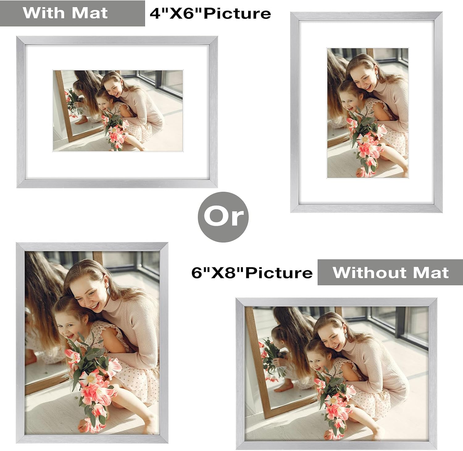 Golden State Art, Silver 6x8 Aluminum Picture Frame - Display Photos 4x6 with Mat or 6x8 inch Without Mat - Shatter-Resistant Glass Metal Photo Frame for Wall or Tabletop Display (2 Pack)