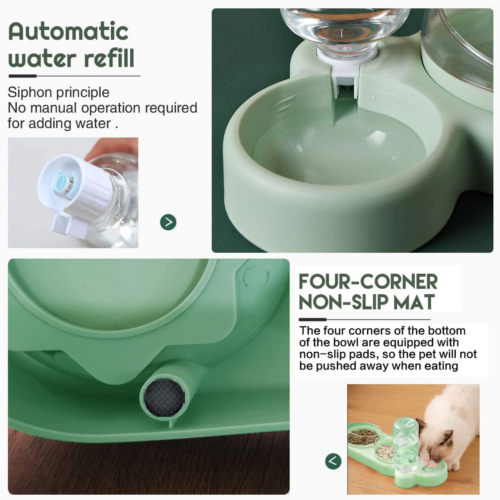 Cuencos 3 en 1 for Perros y Gatos con Soporte Inclinado 15°, antiderrames Ajustable for Comida Agua, for Cachorros(Green)