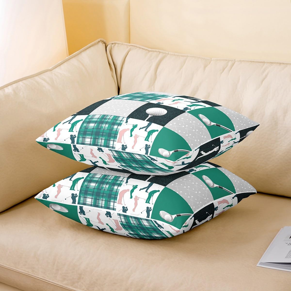 Homewish Golf Throw Pillow Cover 24x24 Inch Extreme Sports Style Players Print Cushion Cover for Teens Adults Retro Watercolor Patchwork Grid Stripes Cushion Case for Bedroom Chairs Office