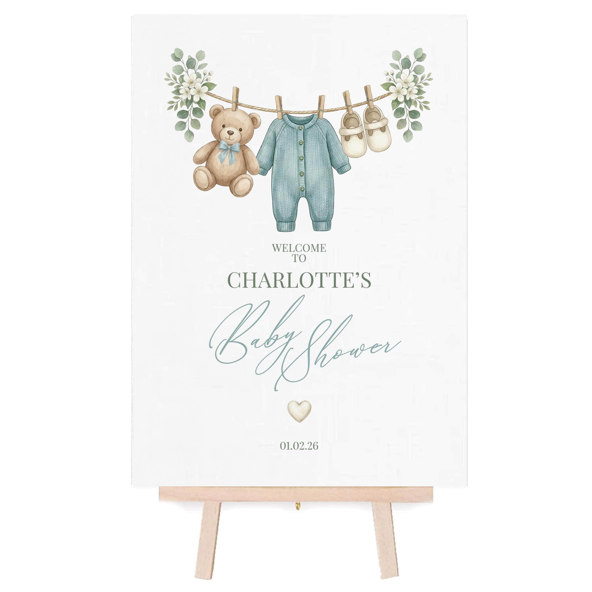 Personalised Baby Shower Welcome Sign/Poster - Boho Nursery Theme - (Blue, A3 Poster with Easel)