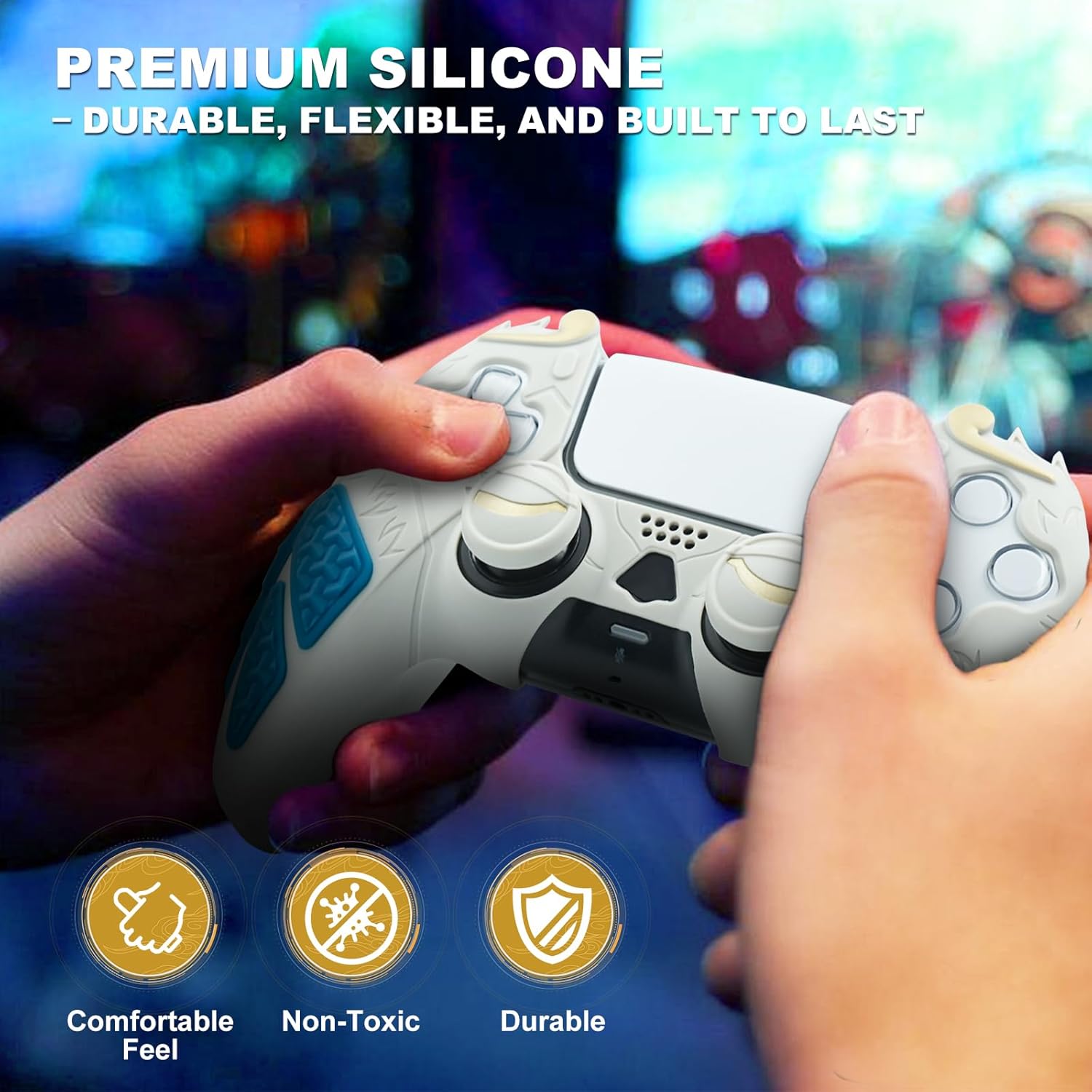 Grip Cover for PS5 Controller, Wukong-Inspired Ergonomic Silicone Cover with Fiery Eyes Joystick Caps, Chainmail Grip Design & Somersault Cloud Back (Grey) - Image 6