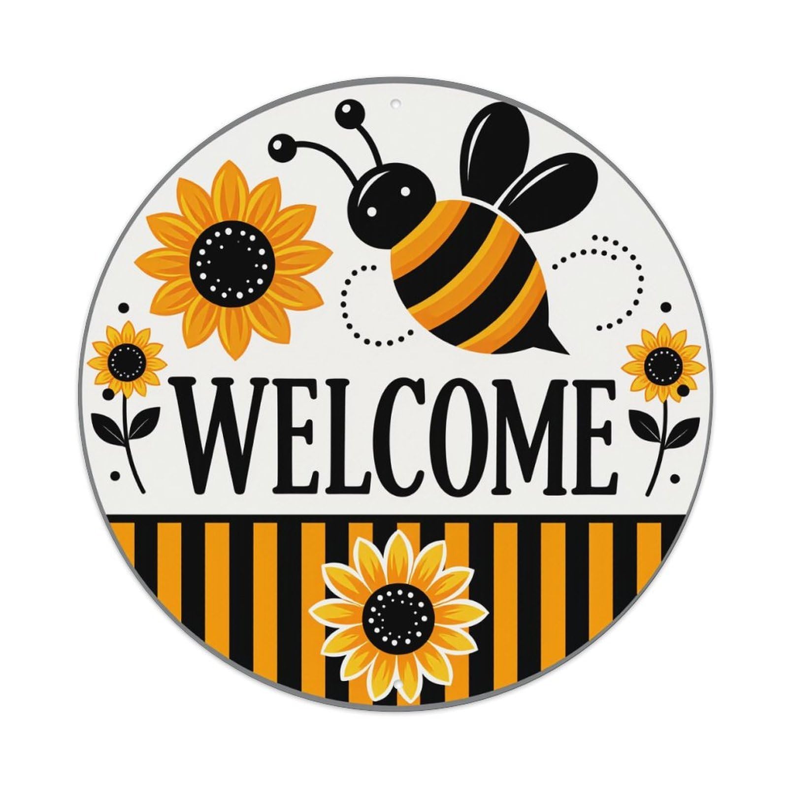 Bee Sunflower Welcome Stripes Pattern Round Tin Sign Vintage Metal Poster Retro Bar, Home, Man Cave, Kitchen, Laundry Room Wall Art Decor Gift 8x8Inch