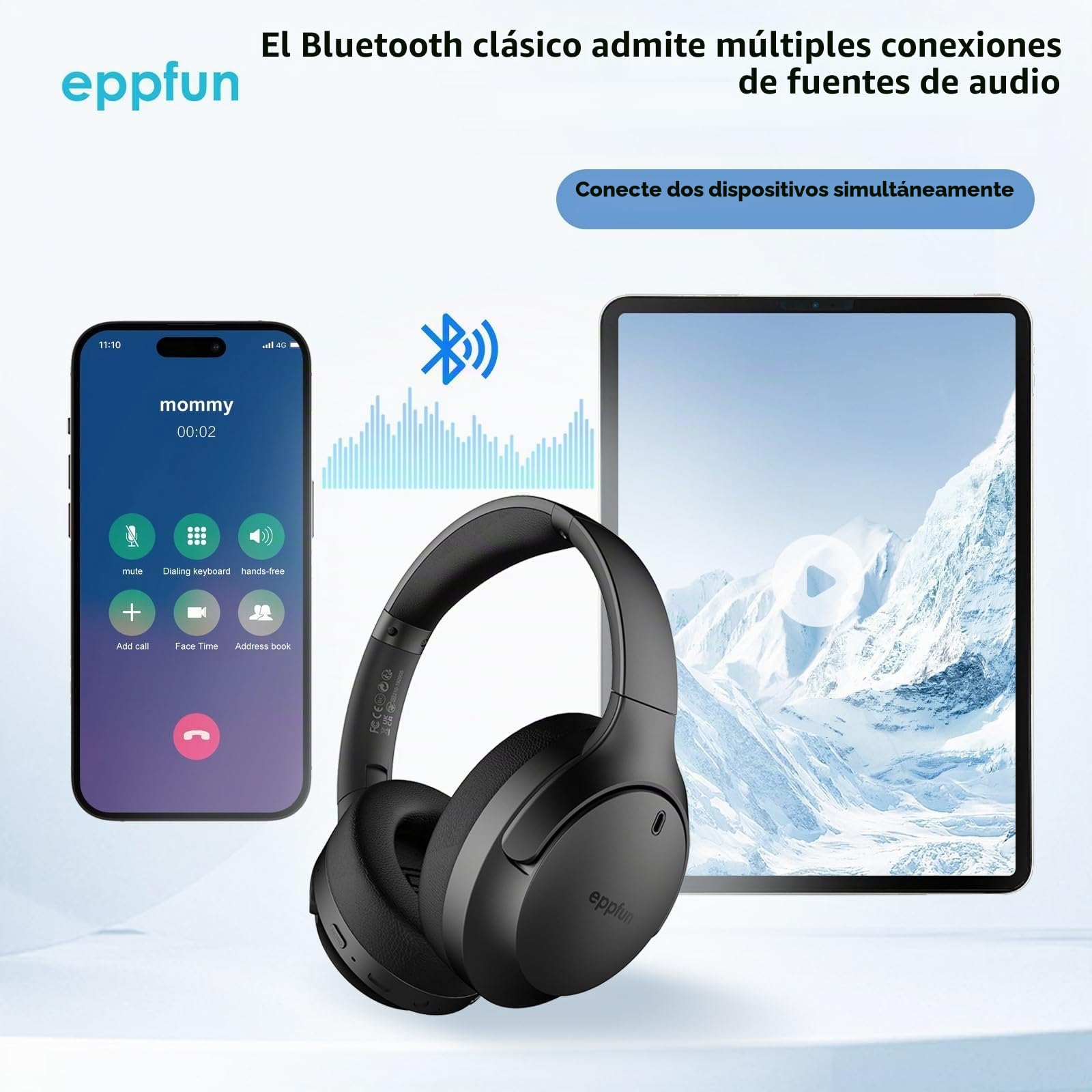 eppfun Auracast & Auriculares Bluetooth 5.4 Over-Ear, Auriculares inalámbricos con LE Audio APTX-Lossless/Adaptive, Hi-Res Audio,Plegables Auriculares, Compatible con iOS Android