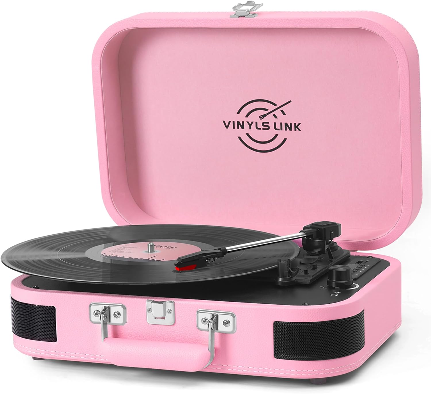 Vinyl Record Player 3 Speed Bluetooth Turntable Belt Drive LP Play Portable Suitcase Record Player Built-in Speaker with EQ Mode USB Recording RCA Output/AUX Input Headphone Jack Pink