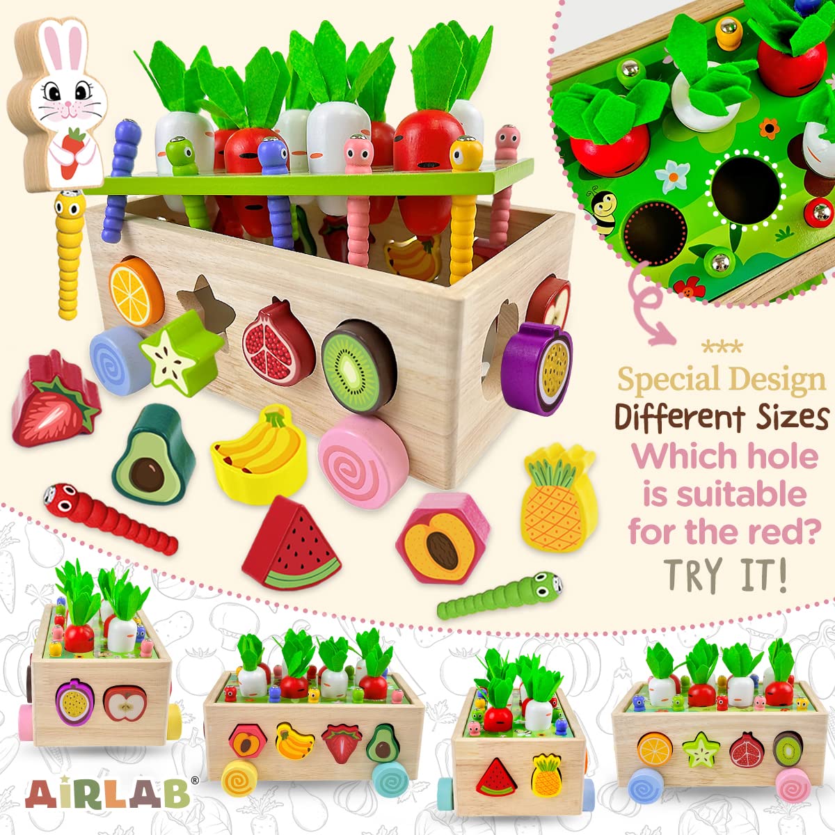 Airlab 7 w 1 zabawki edukacyjne Montessori dla dziewczynek chłopców w wieku 1 2 3 lat, drewniana gra w zbieranie marchewek, zabawki sensoryczne dla dzieci sortowanie owoców puzzle prezenty urodzinowe