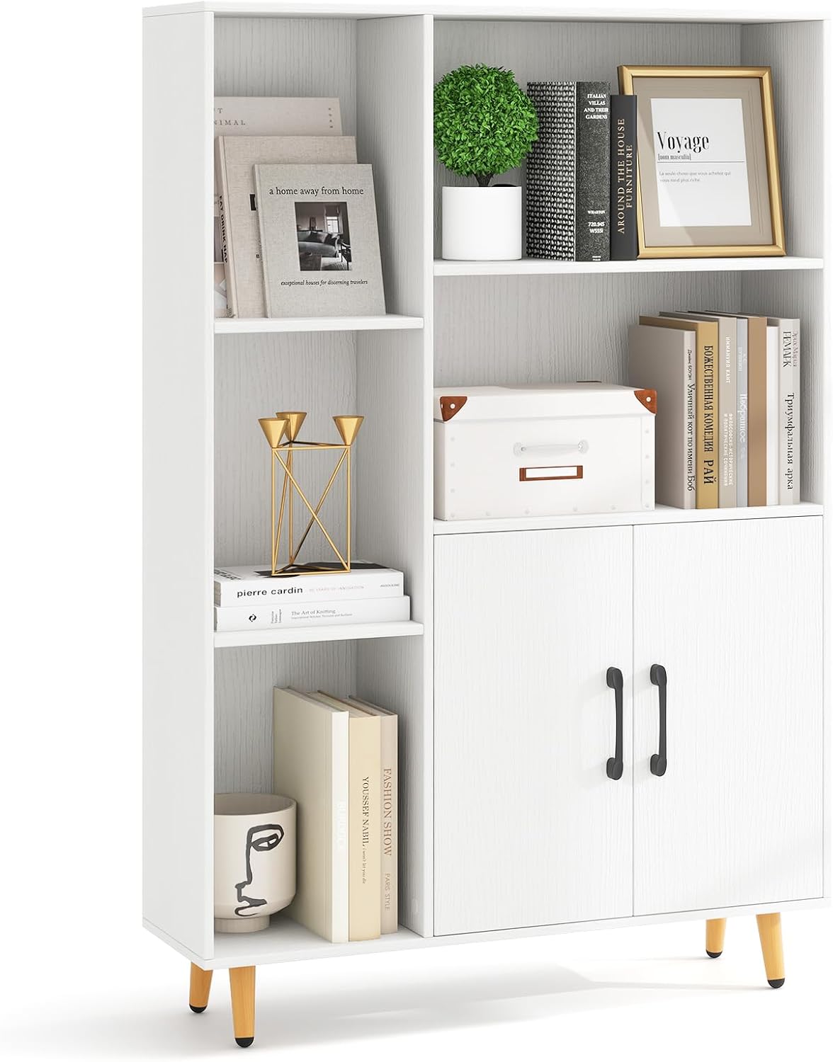 Image of Libreria Scaffale con 5 Ripiani a Cubo Aperti e 2 Ante, Scaffale Espositivo in Legno Salvaspazio, Mobile per Camera da Letto, Soggiorno, Salotto, Ufficio e Studio, 80 x 23,5 x 119 cm, Bianco