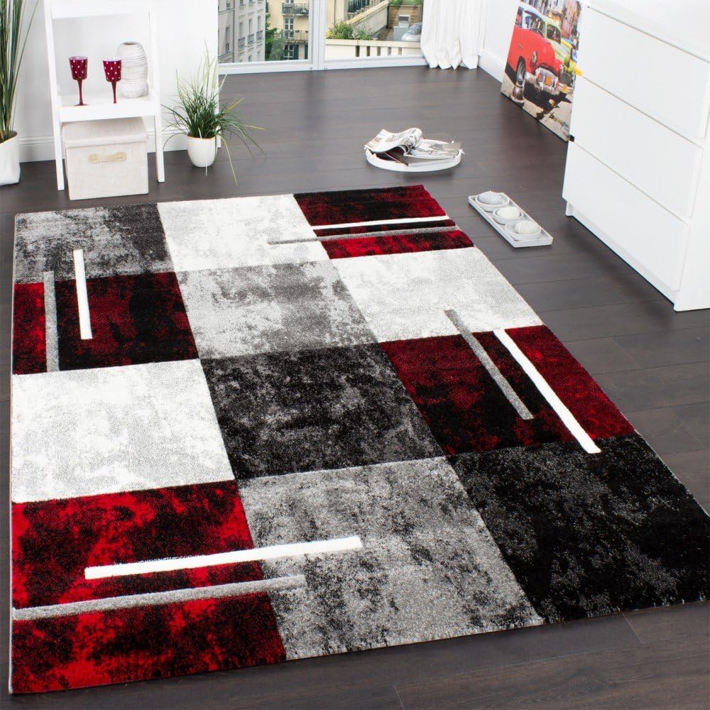 Paco Home Designer Carpet Modern With Contour Cut Chequered In Silver Black Red, Size:120x170 cm