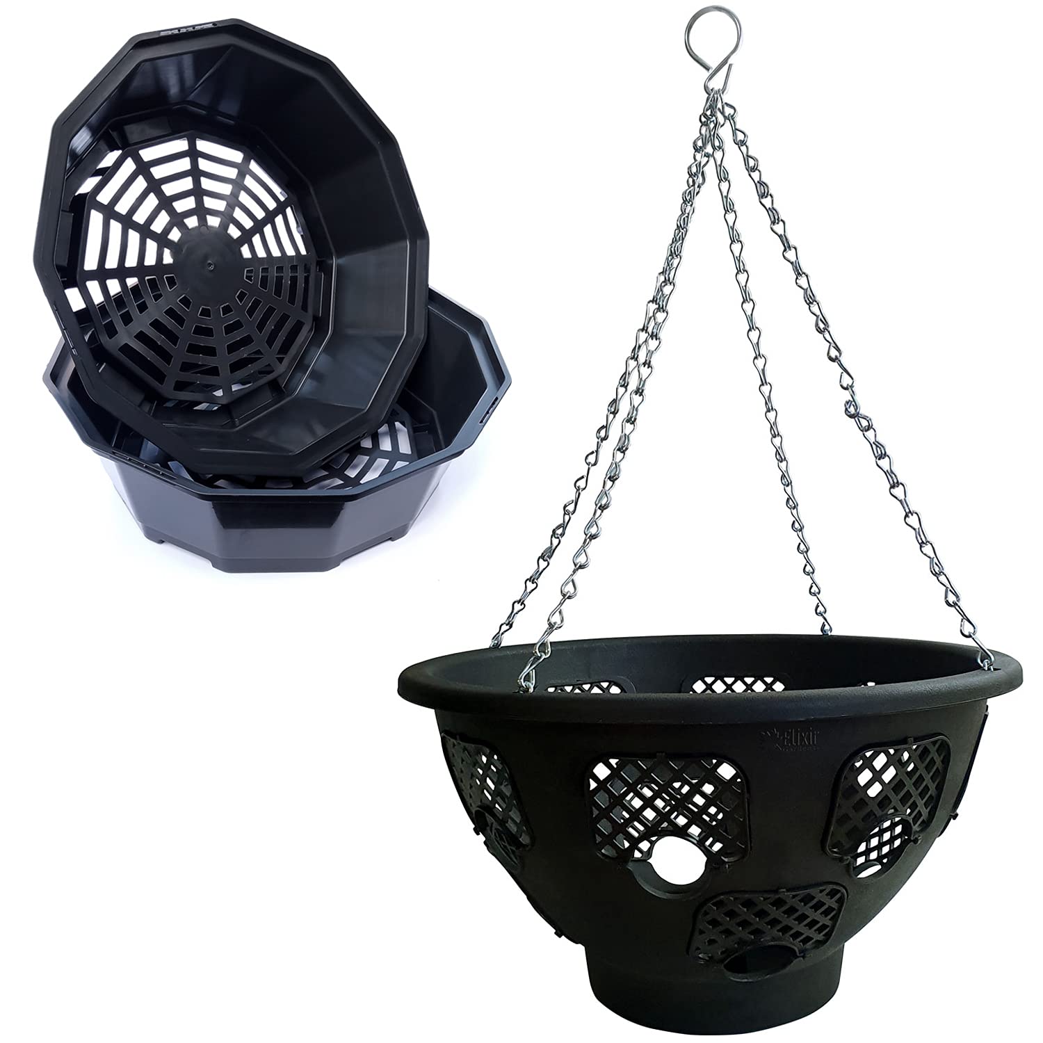 Elixir Gardens 12" or 14" Black Plastic Easy to Fill Hanging Baskets for Flower & Plant Displays | Optional Bulb Basket Inserts for Planting | 14 inch Hanging Basket + Bulb Basket Tray x 15