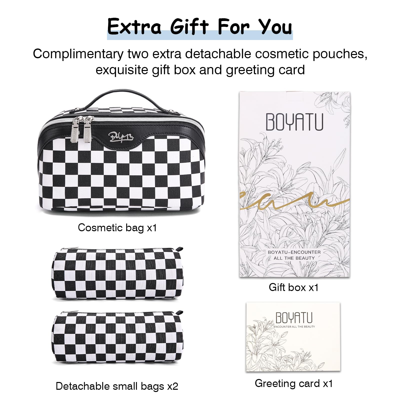 BOYATU Reise Make-up Tasche Kosmetiktaschen für Frauen:3-teiliges Make-up-Taschen-Set (A-5-kariert Mix Schwarz)
