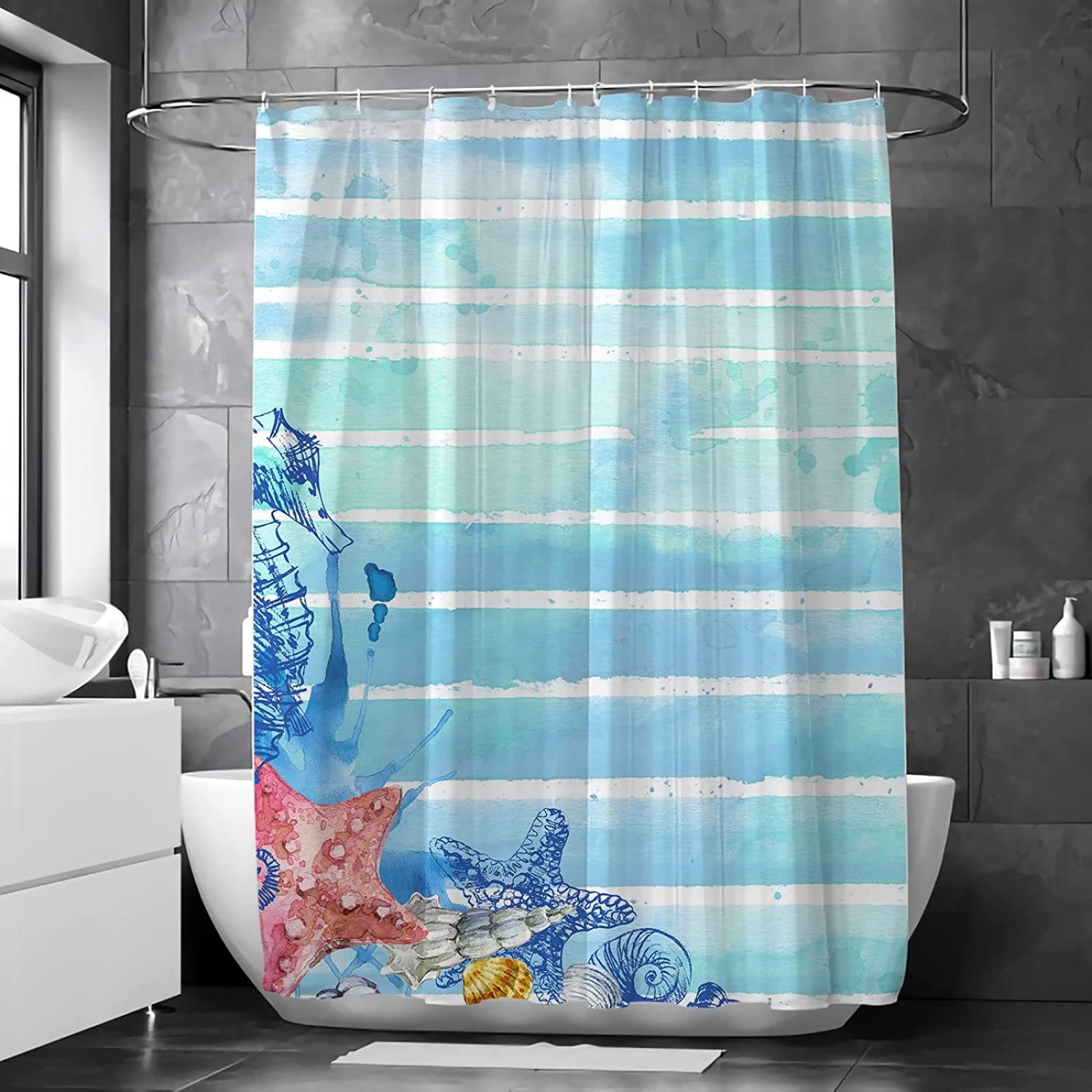 Rideau De Douche Thème Nautique Voilier Phare - 180x180 Cm - Tissu Polyester Imperméable Anti-Moisissure, Avec 12 Crochets