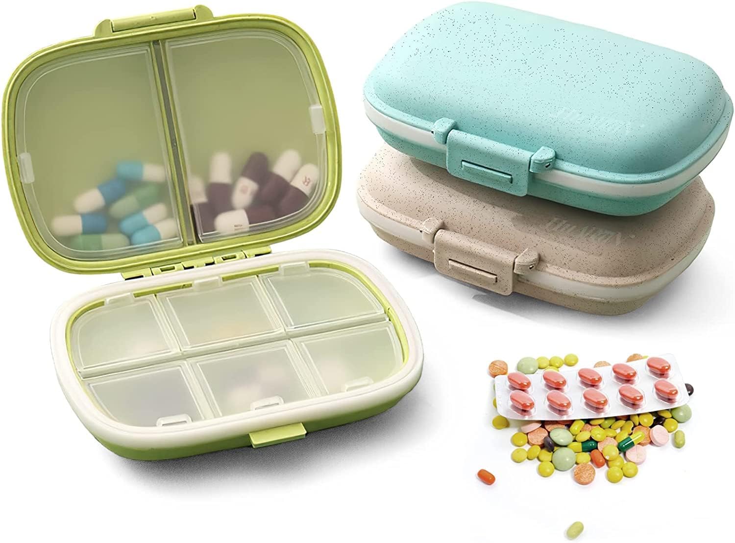 Small Pill Container Travel, 3 Pcs Portable Cute Pill Case 8 Compartment for Vitamin, Supplements Storage (Blue,White,Green）