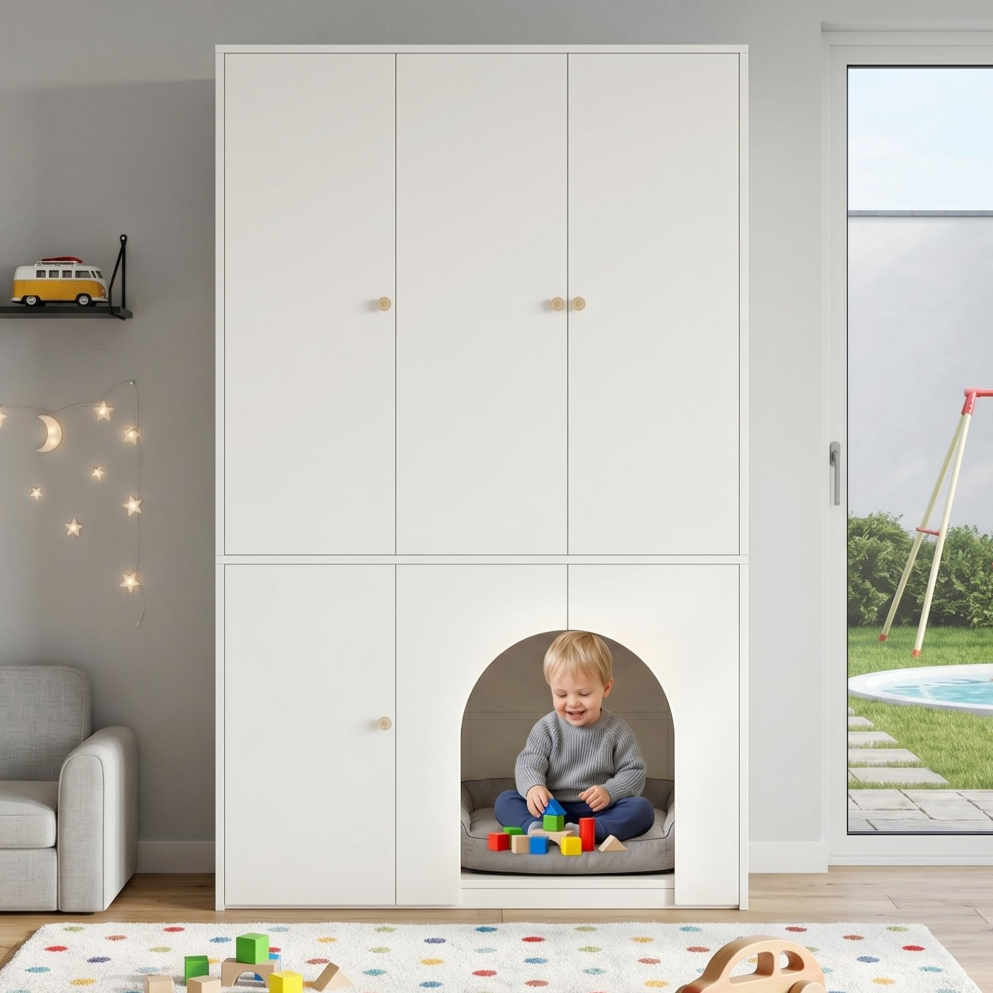 Kleiderschrank Hochschrank Aufbewahrungsschrank Sideboard mit Haustierhöhle, 3-türig, Kleiderstange & Regalböden, für Schlafzimmer Flur, 120x50x200cm Weiß