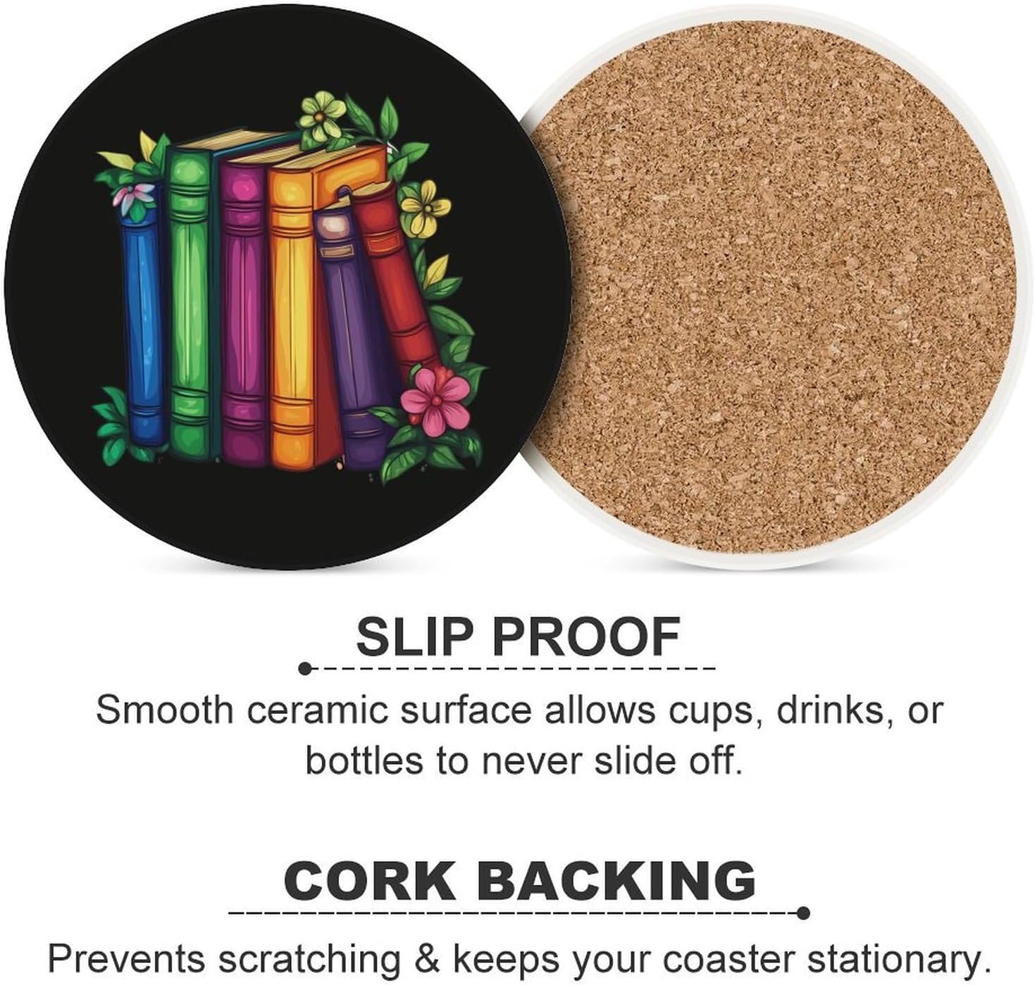 Read Book Colorful Coasters for Drink Round Ceramic Coaster with Cork Base Home Decorative 4PCS