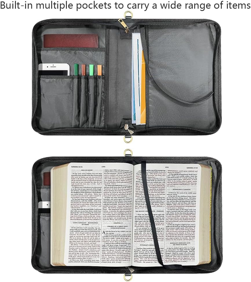 Red Bible Cover Case for Women, Elaborate Printed PU Leather Bible Case with Shoulder Strap and Handle, Bag with Zipper, Built-in Pocket Bookmark Ribbon Pen Slots, Study Supplies