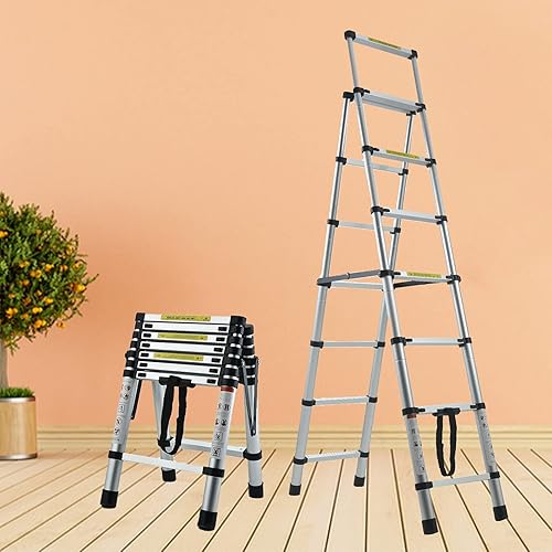 Miniatura 156 de Escalera telescópica de aluminio de 12.5 pies, escalera extensible con 2 ganchos desmontables, diseño de bloqueo de seguridad portátil y ligero