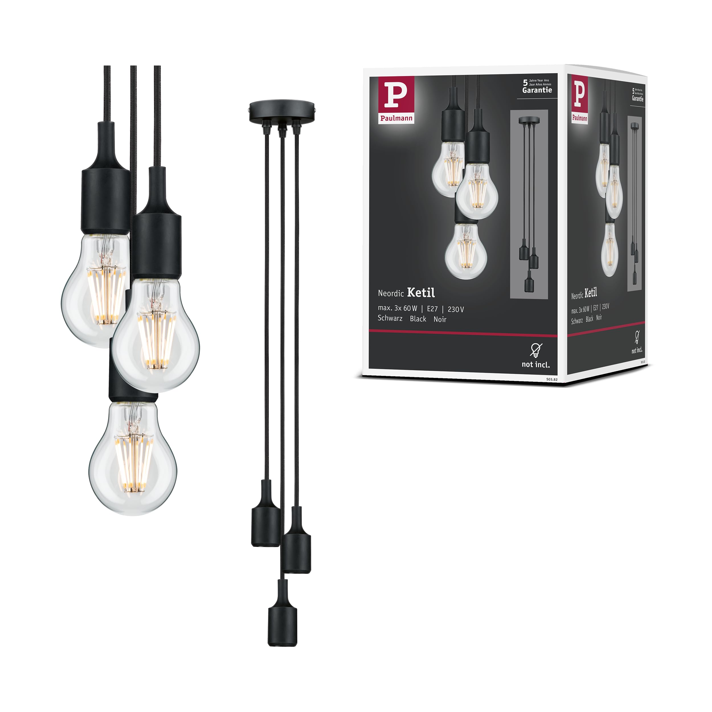 Paulmann 50382 Pendant luminaire Neordic Ketil max. 3x20 watt Pendant lamp Black Ceiling lamp Silicone, Metal Pendant luminaire E27