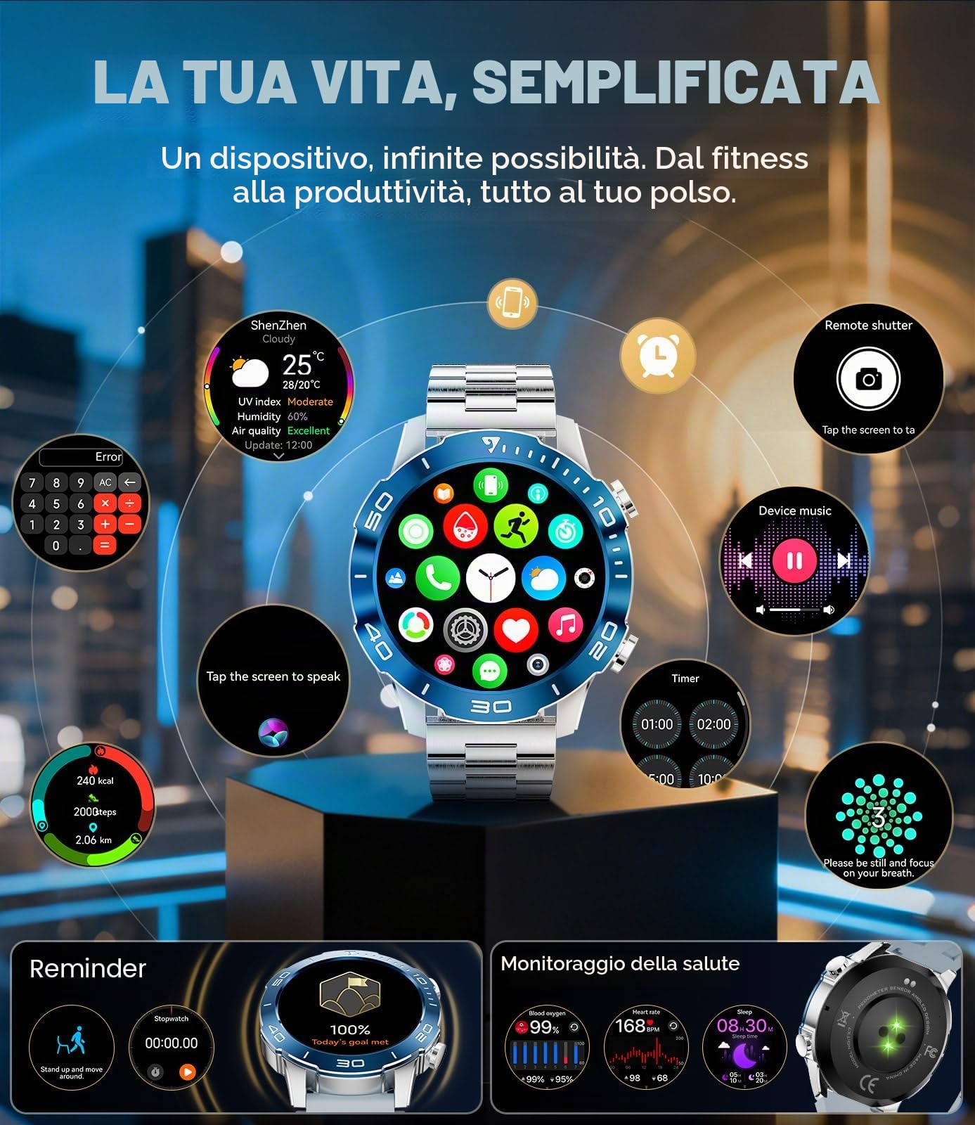 LIGE Orologio Smartwatch Uomo, 1.43" AMOLED Smart Watch con 24/7 Frequenza Cardiaca, SpO2, Durata del sonno, Impermeabile IP68, 170+ Sports, 300+ Quadranti, Cassa Argento con Bezze Blu