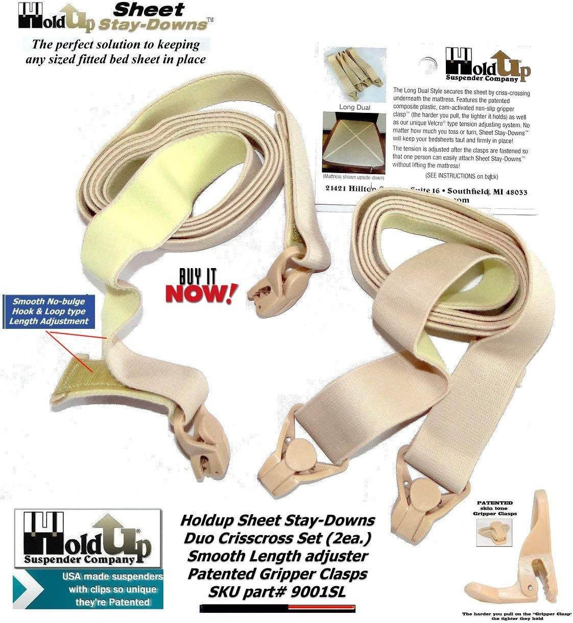Hold-Up Brand Crisscross Fitted Sheet Strap Stay-Downs with US Patented Gripper Clasps