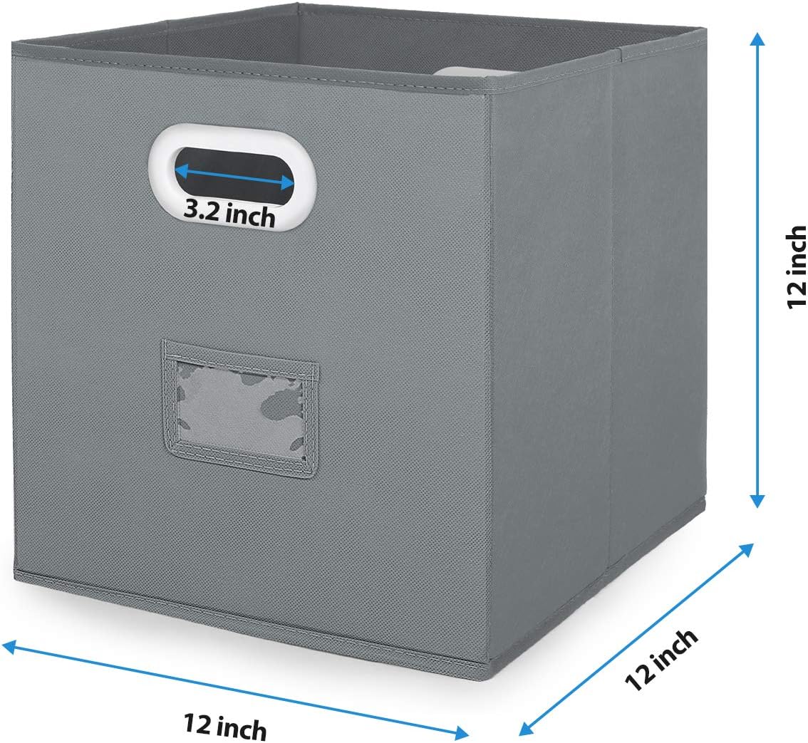 Magicfly Storae Cubes with Label, Set of 6 Foldable Cubby Storage Bins for Shelves 12X 12 Inch Fabric Closet Bins with Dual Plastic Handle for Home Organizer, Bedroom, Gray