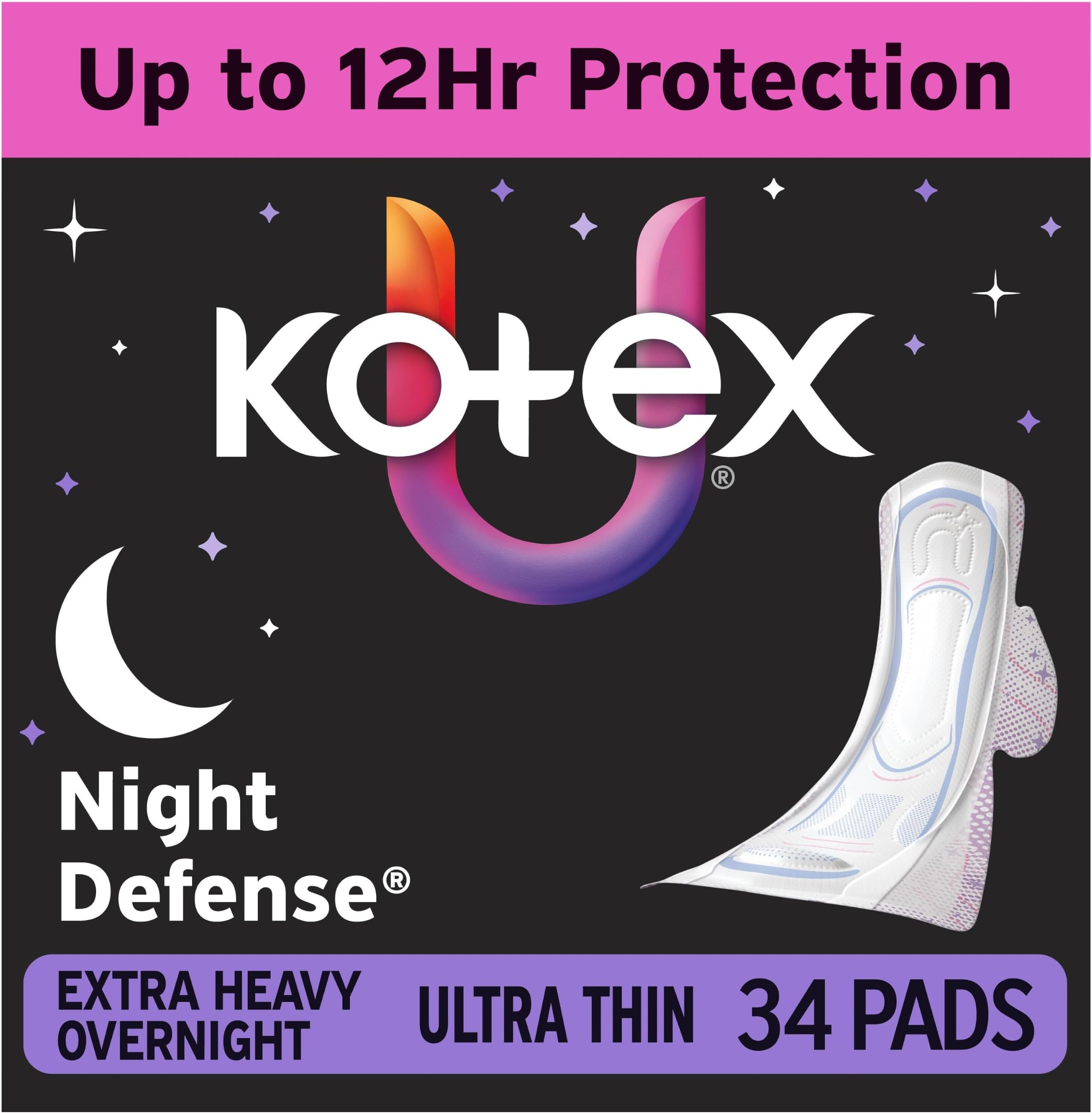 Kotex Ultra Thin Overnight Pads, Wings, Extra Heavy, 34 Count