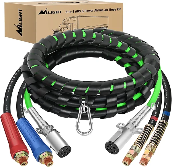 Nilight 12FT 3 in 1 ABS & Power Air Line Hose Assembly Kit Heavy Duty Green 7 Way Electrical Cable with Emergency Breakaway Weatherproof for Semi Truck Trailer Tractor