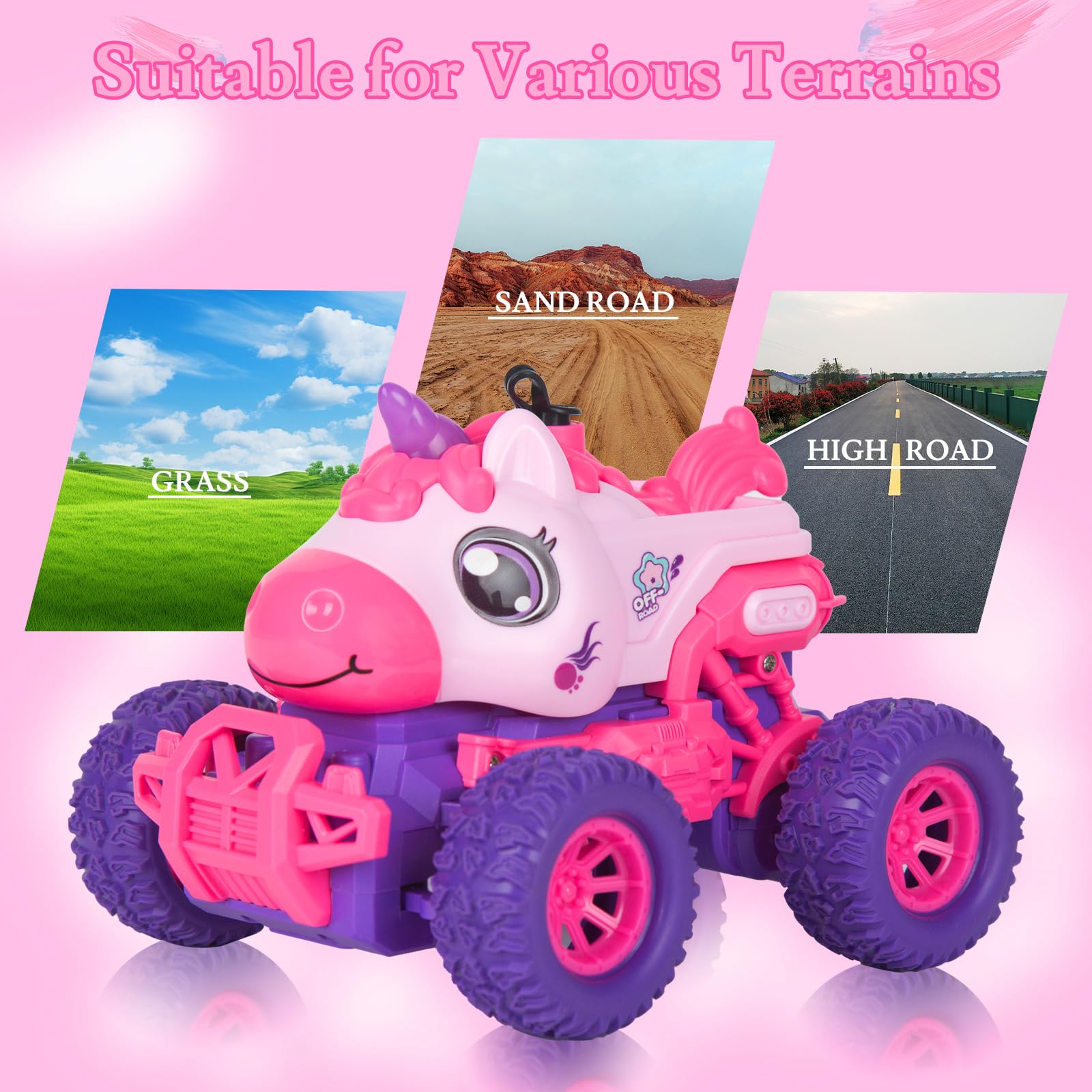 iBlivers Samochody z jednorożcem ze zdalnym sterowaniem dla dzieci, samochód zdalnie sterowany z jednorożcem, RC Monster Truck z jednorożcem z rozpylaczem LED, zabawka z jednorożcami dla dziewczynek
