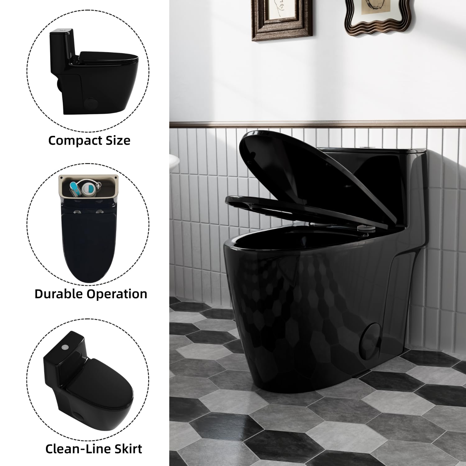 Inodoro negro con descarga de remolino sin borde, inodoros modernos y alargados de una pieza ADA de 17.3 pulgadas para baños, doble descarga de 1.0/1.28 GPF, altura de silla cómoda