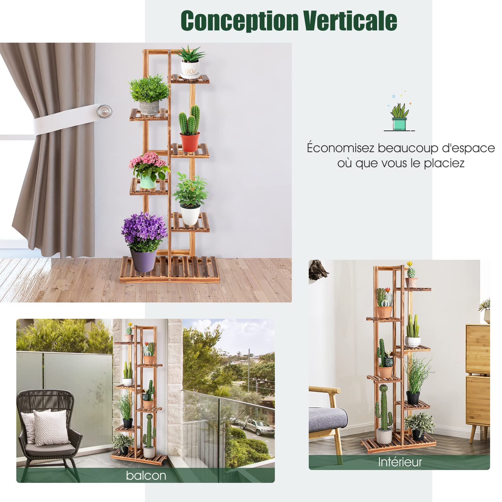 GOPLUS Porte-plantes à 5/6 Niveaux, Étagère à Fleurs en Bois de Pin, Support à Plantes pour Jardin, Balcon, Extérieur et Intérieur (6 Niveaux)