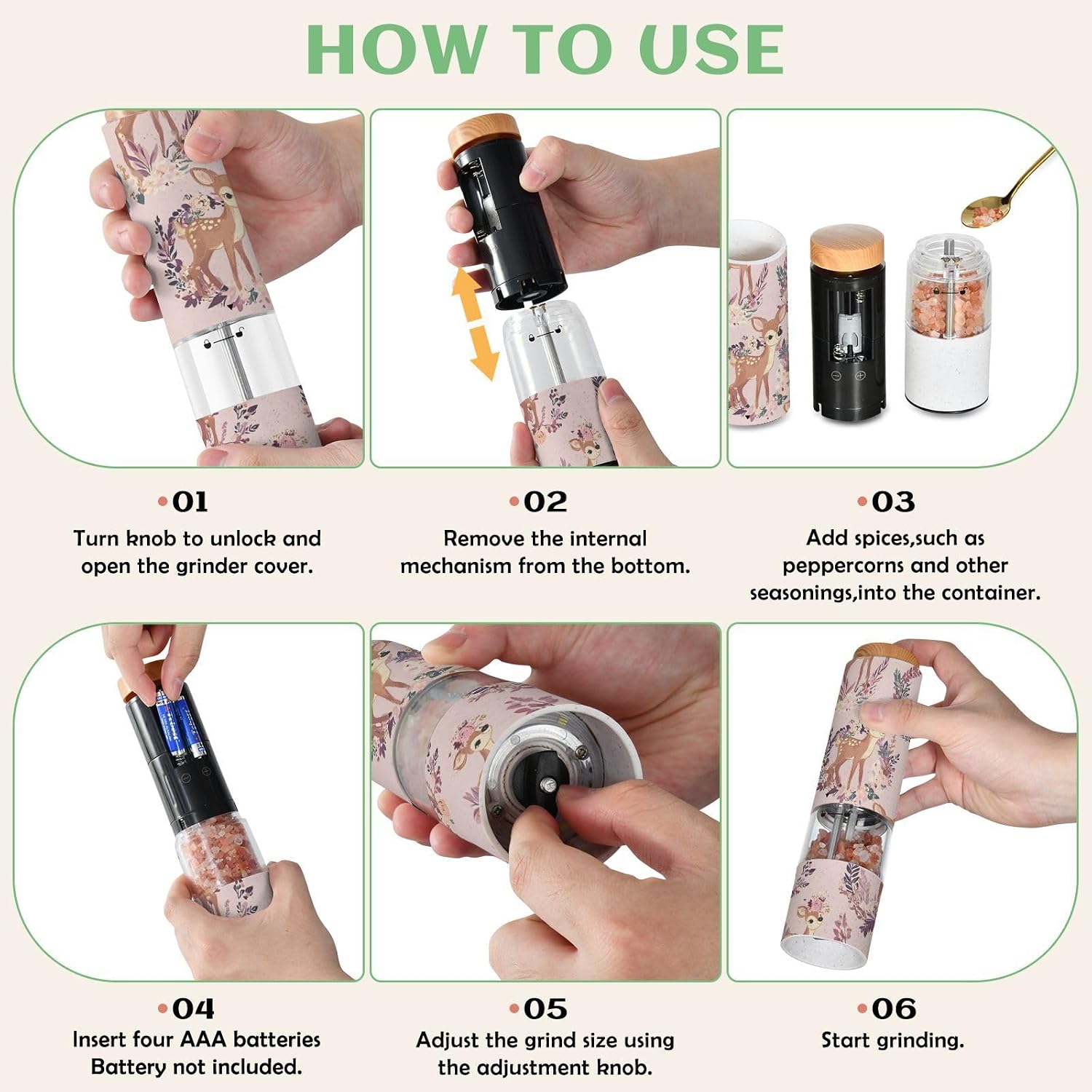 ALAZA Electric Pepper Grinder with Adjustable Coarseness, Beautiful Spotted Deer Pattern Battery Automatic Salt and Pepper Mill with Led, One-Handed Operation Spice Grinder for Kitchen, Camping & BBQ