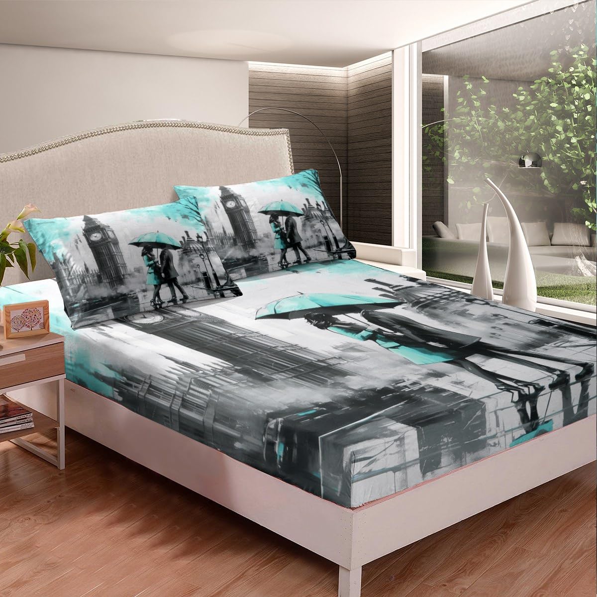 jejeloiu Green Couple Lover Bed Sheets Set Twin Size Big Ben Fitted Sheet for Kids Boys Girls Decor London Scene Cherry Blossoms Romantic Bedding Set Breathable Soft Lightweight Bedroom Decor