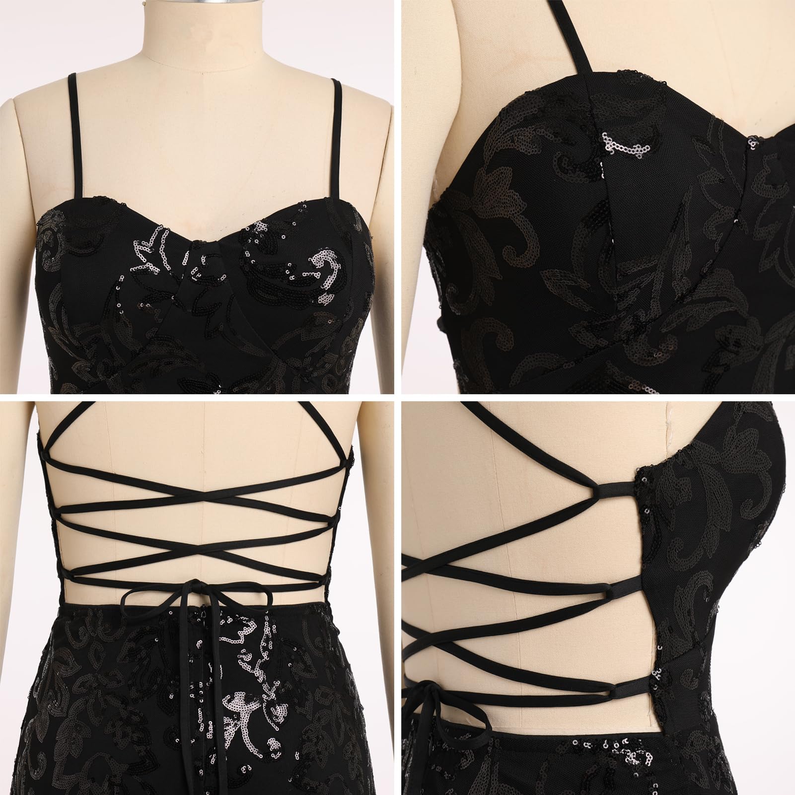 ODIZLI Vestido Corto para Mujer, con Tirantes Delgados, Lentejuelas Brillantes, Acampanado, para Fiesta, Discoteca, Baile, Largo por Encima de la Rodilla, Negro -, S