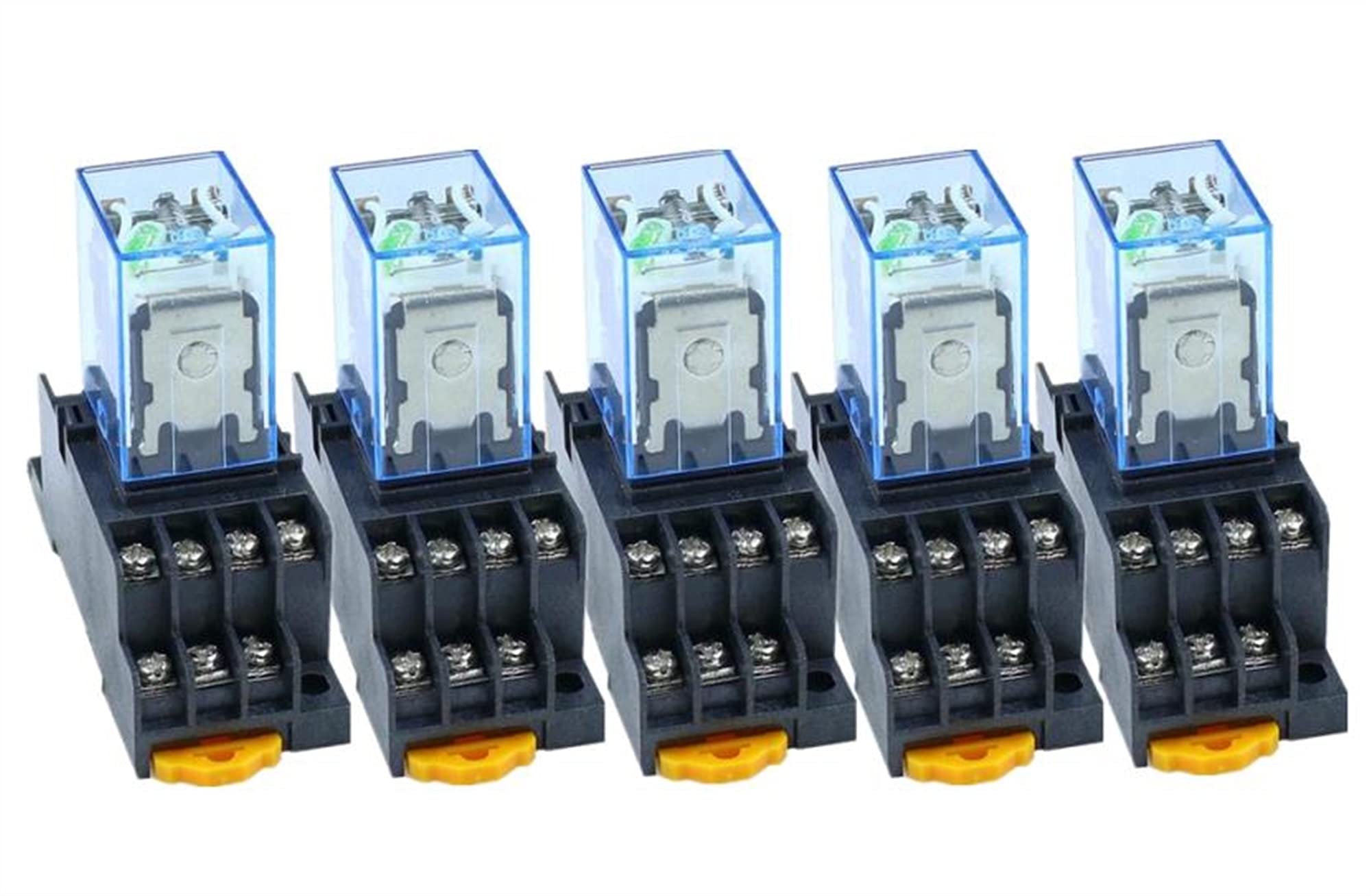 Lot de 5 relais d'alimentation MY4NJ 12 V 24 V 110 V/220 V bobine 5 A 4NO 4 NC avec indicateur LED vert rail DIN relais à 14 broches avec douille (taille : DC24 V)