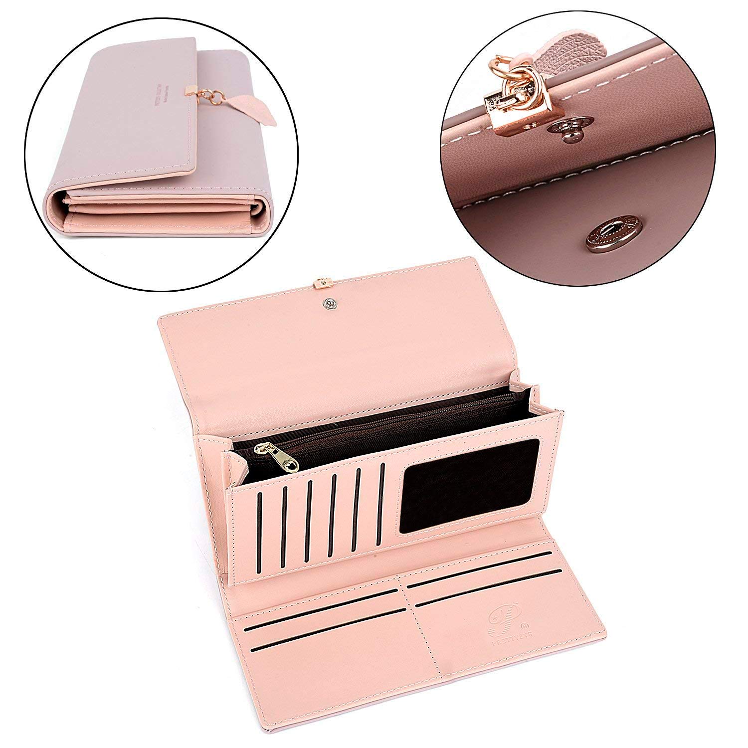 Portafoglio Donna Lungo Cerniera in Pelle, Portafoglio Donna Grande (Rosa)