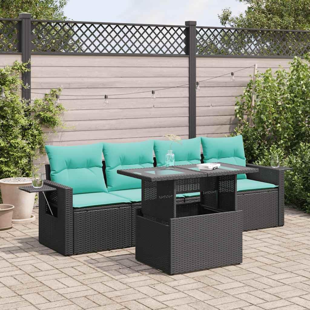 5 Piece Patio Sofa Set with Cushions Brown Poly Rattan Acacia Garden Furniture Set Garden Seating Ensemble for Pond Backyard