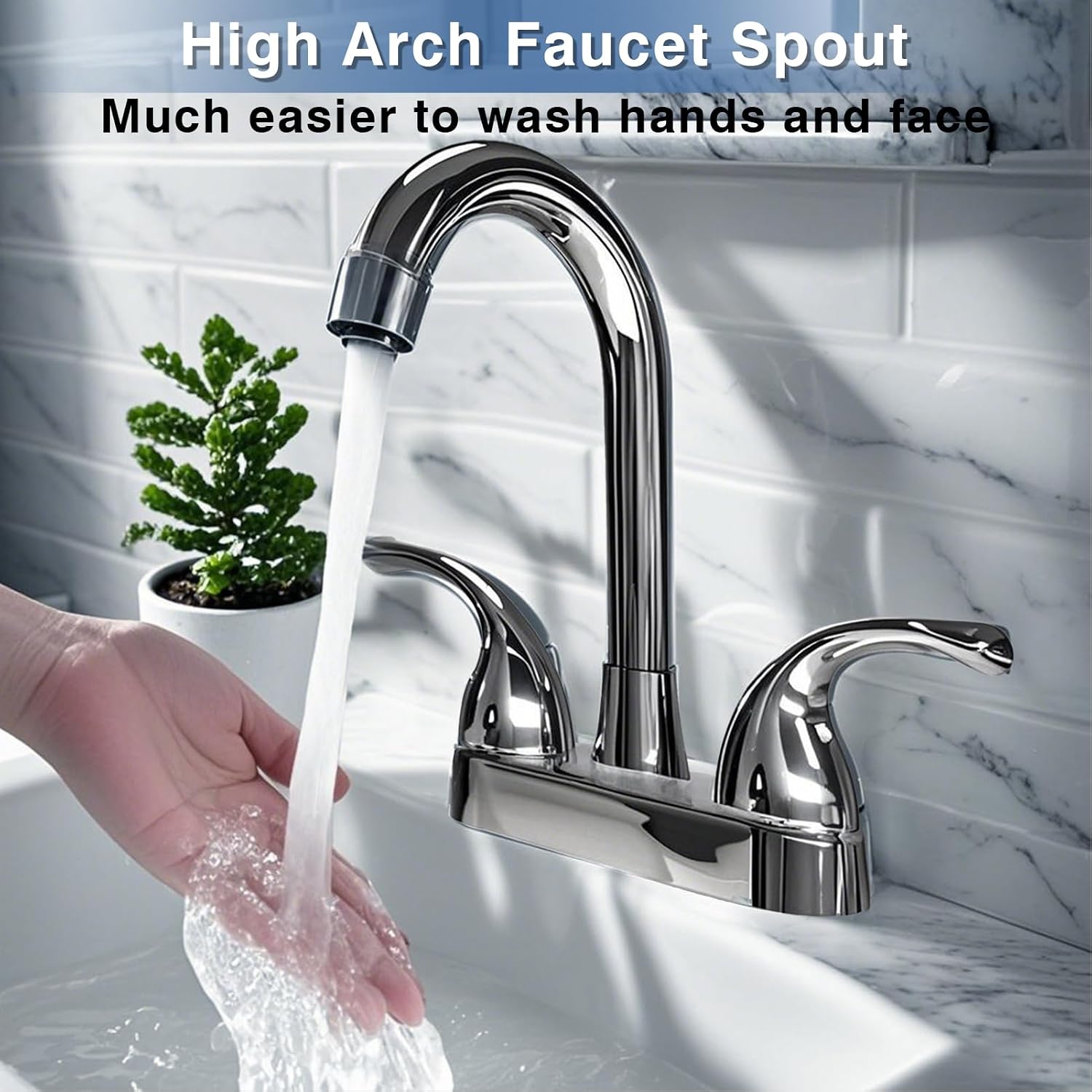RV Bathroom Faucets, RV Kitchen Sink Faucet Replacement with Two Handle Control -4" Main Body,2 or 3 Hole High Arch-360 Swivel Replace for RV Home Campers Motorhomes Travel Trailers,Chrome