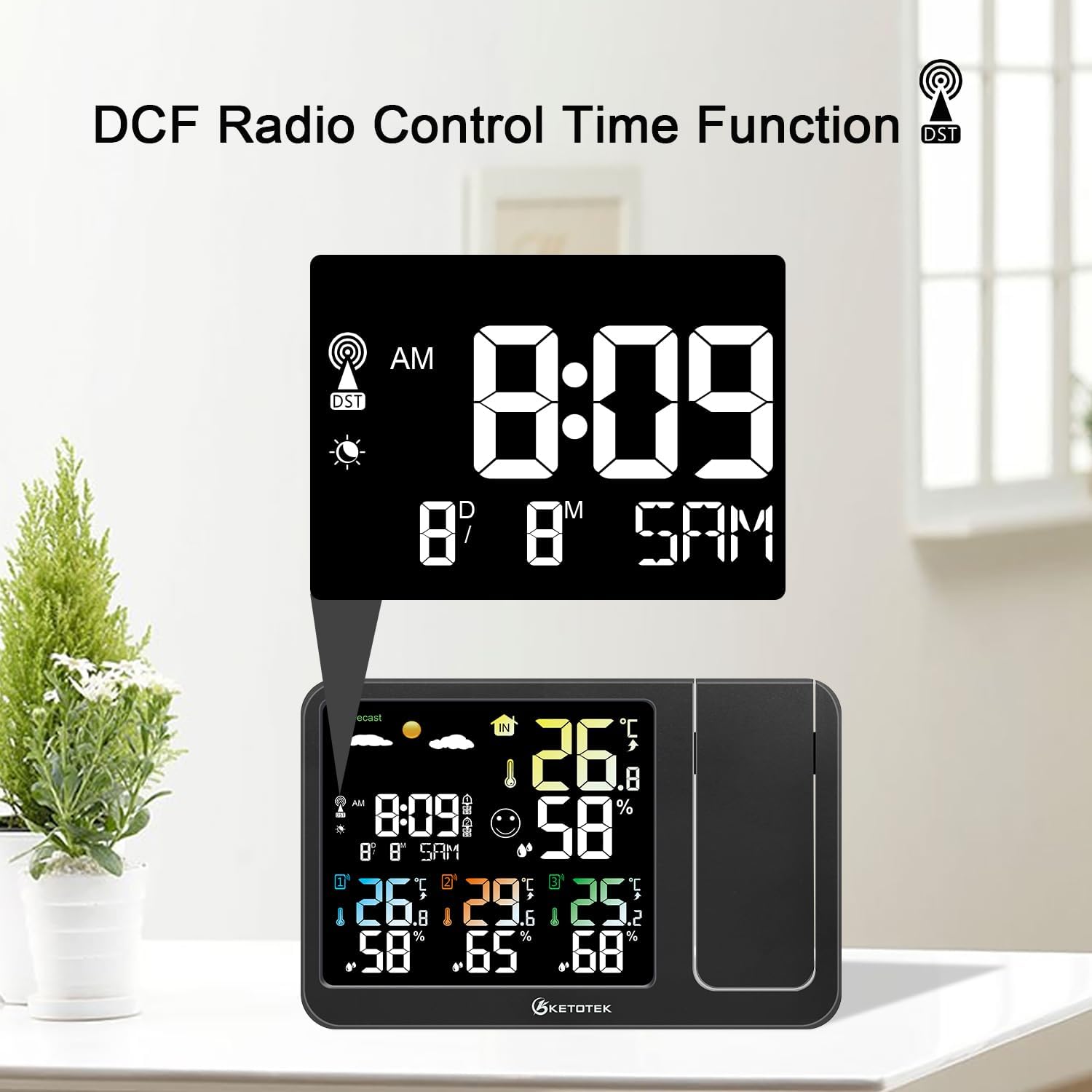 KETOTEK Digital Projection Alarm Clock for Bedroom Ceiling Wall VA LCD Display Radio Controlled Weather Station Indoor Outdoor Temperature Humidity Monitor with 3 Remote Sensors