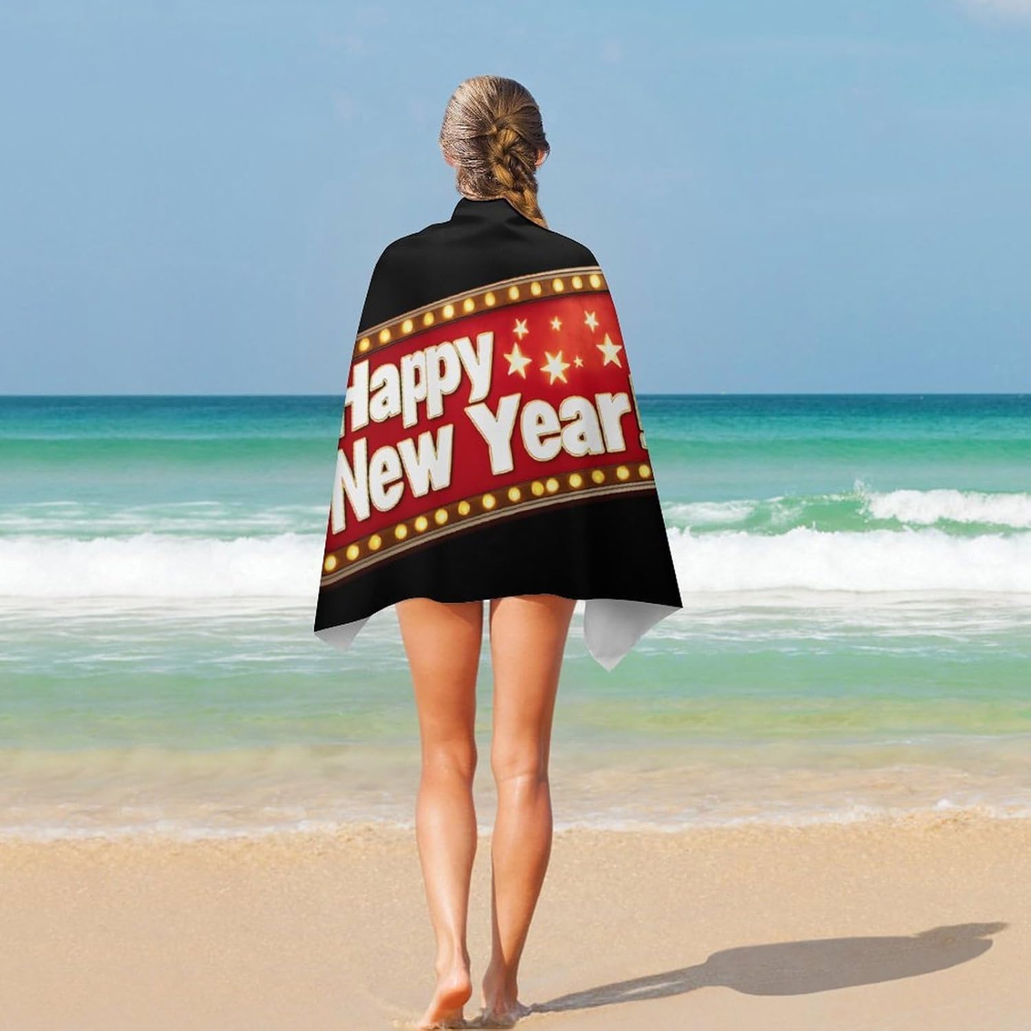 Happy New Year Oversized Beach Towel Soft Absorbent Pool Bath Swim Towels for Adults Travel Vacation Gifts 130x80cm