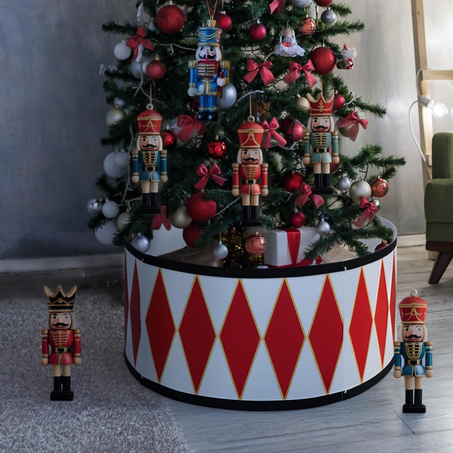 Halloscume 26 Inch Christmas Drum Decor Nutcracker Tree Collar Plastic Round Classic Pattern Red Black White Style Festive Drum Design for Christmas Nutcracker Xmas Tree Skirt Alternative Decorations
