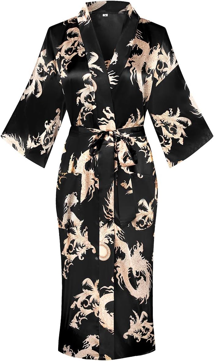 DandyChicWomen's Long Floral Satin Robes Imitation Silk Sleepwear Bridal Dressing Gown for Bridesmaid Nightgown