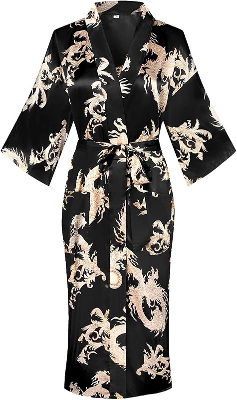 DandyChic Women's Long Floral Satin Robes Imitation Silk Sleepwear Bridal Dressing Gown for Bridesmaid Nightgown