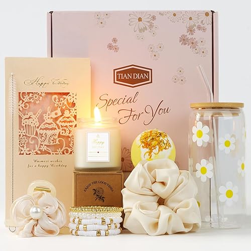 Birthday Gifts for Women Friendship, Teen Girls, Girls, Unique Cute Birthday Gifts Box for Girl, Her, Sister, Daughter, Friends, Ideas Cute Daisy Aesthetic Glass Cups Gifts Set 8pcs - Beige