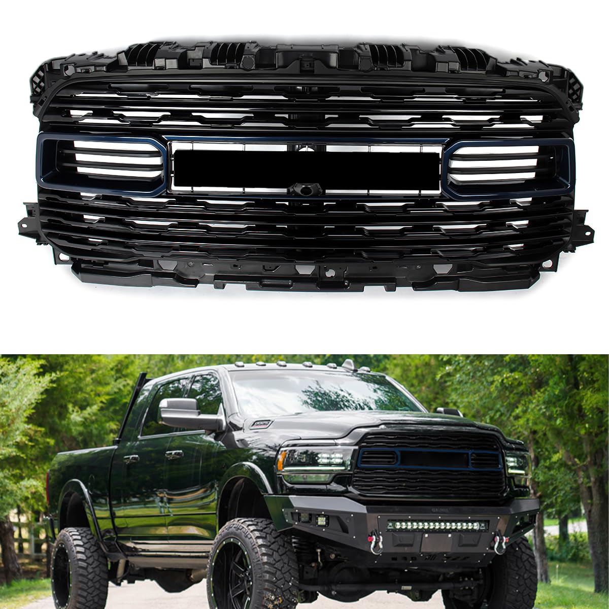 Patriot Blue Pearl & Black Front Bumper Upper Grille Compatible with 2020-2024 RAM 2500 3500 4500 Horizontal Billet Style w/Camera Hole Replace for 68516019AA