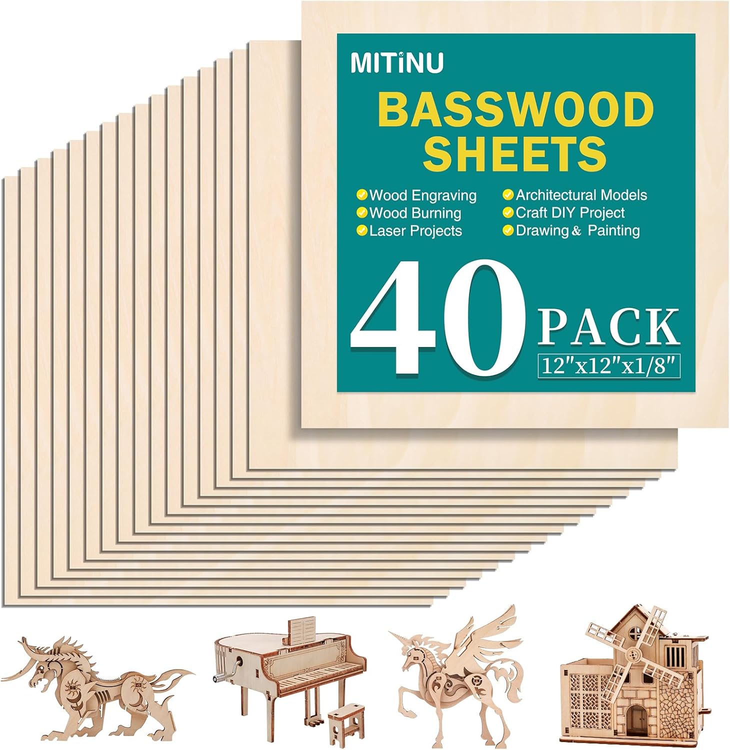 MITINU 40-Pack Basswood Sheets 12x12x1/8" (3mm) - Smooth Unfinished Plywood for Laser Cutting, Wood Burning, Crafts & Models