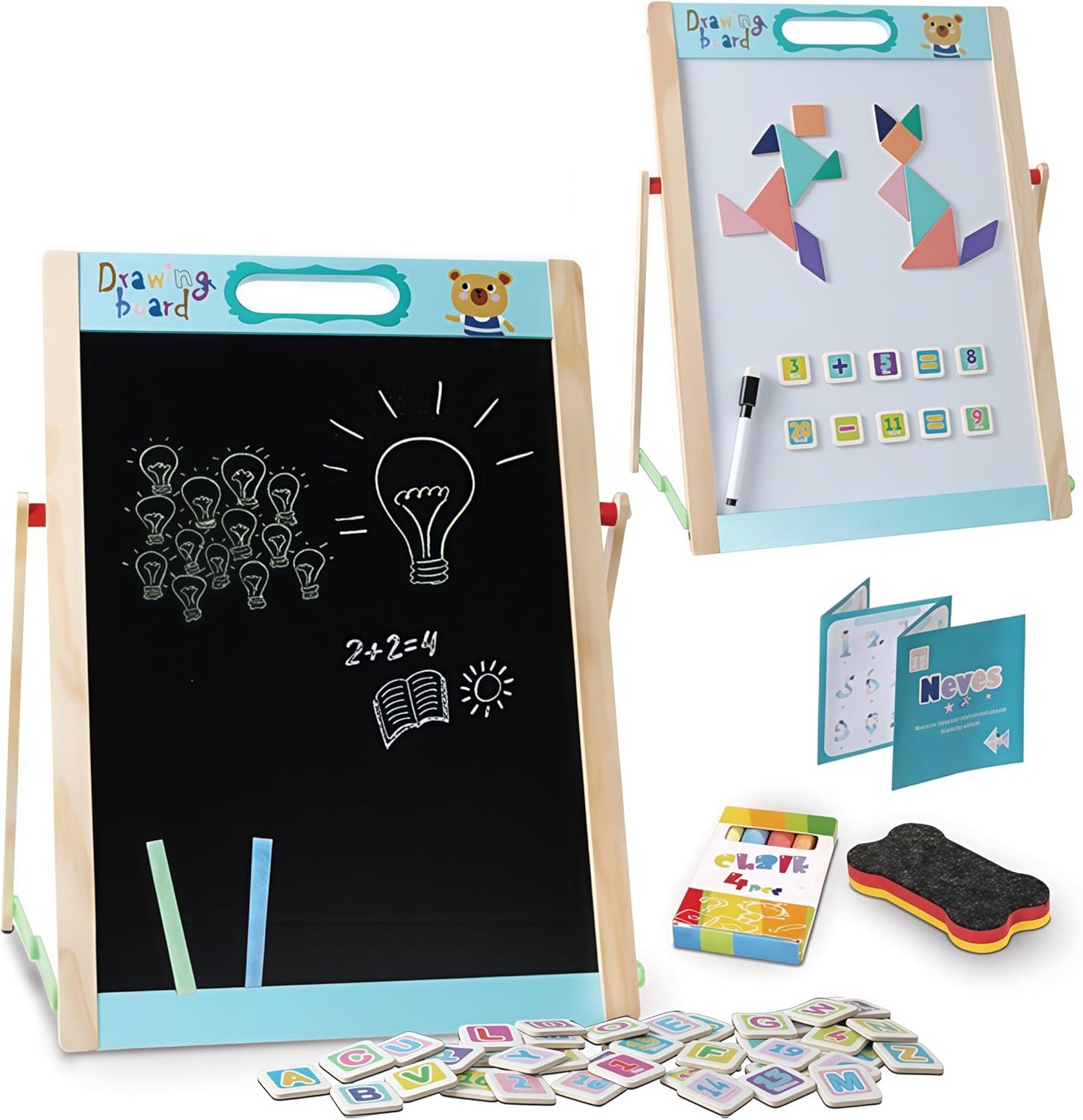 Easel Kids, Tabletop Chalkboard & Whiteboard Children, Stand Dry Erase Board Double Sided Desktop Drawing Board, Portable Art Easel with Magnets Letters and Numbers Gift for Boys Girls