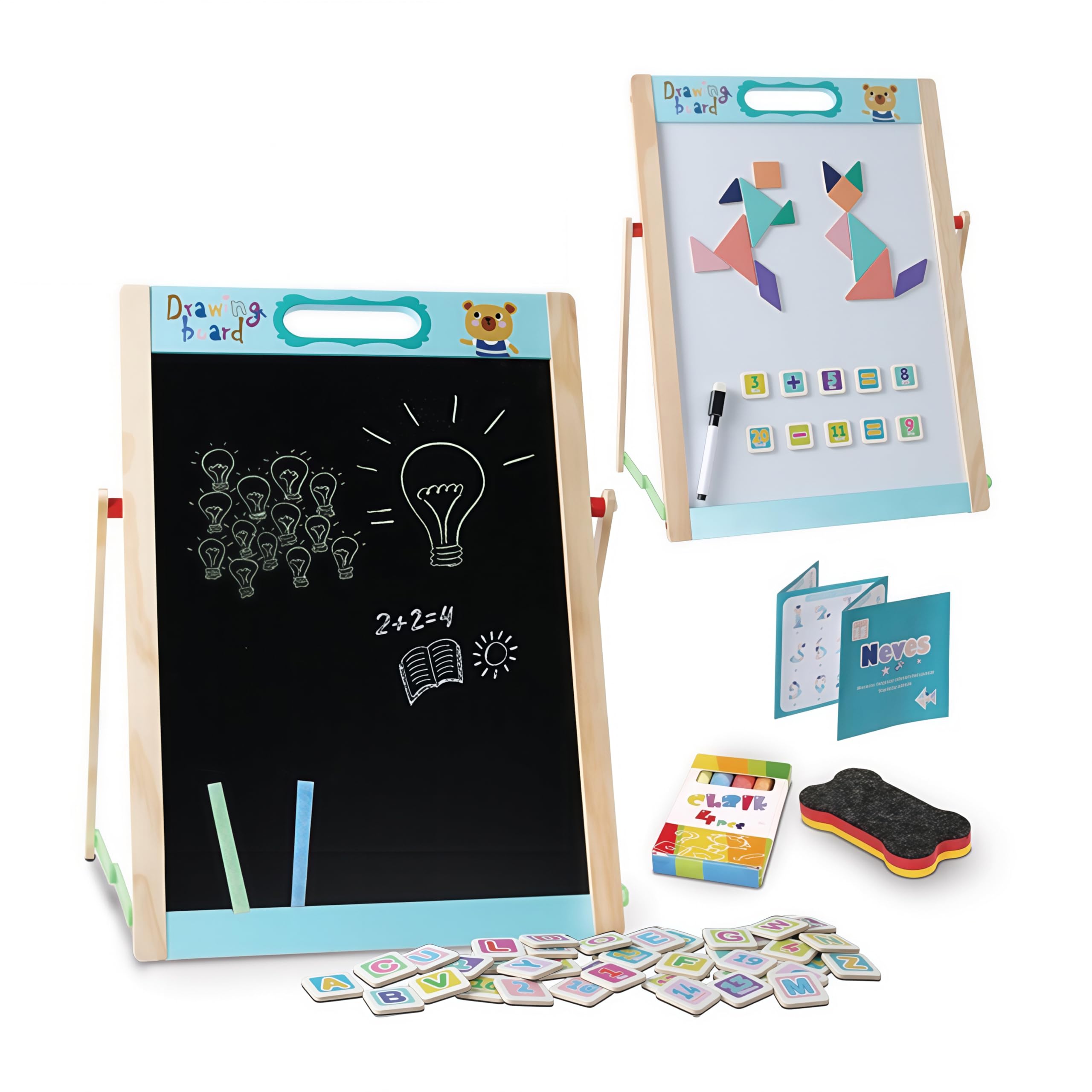 Embosomitr Easel Kids, Tabletop Chalkboard & Whiteboard Children, Stand Dry Erase Board Double Sided Desktop Drawing Board, Portable Art Easel with Magnets Letters and Numbers Gift for Boys Girls