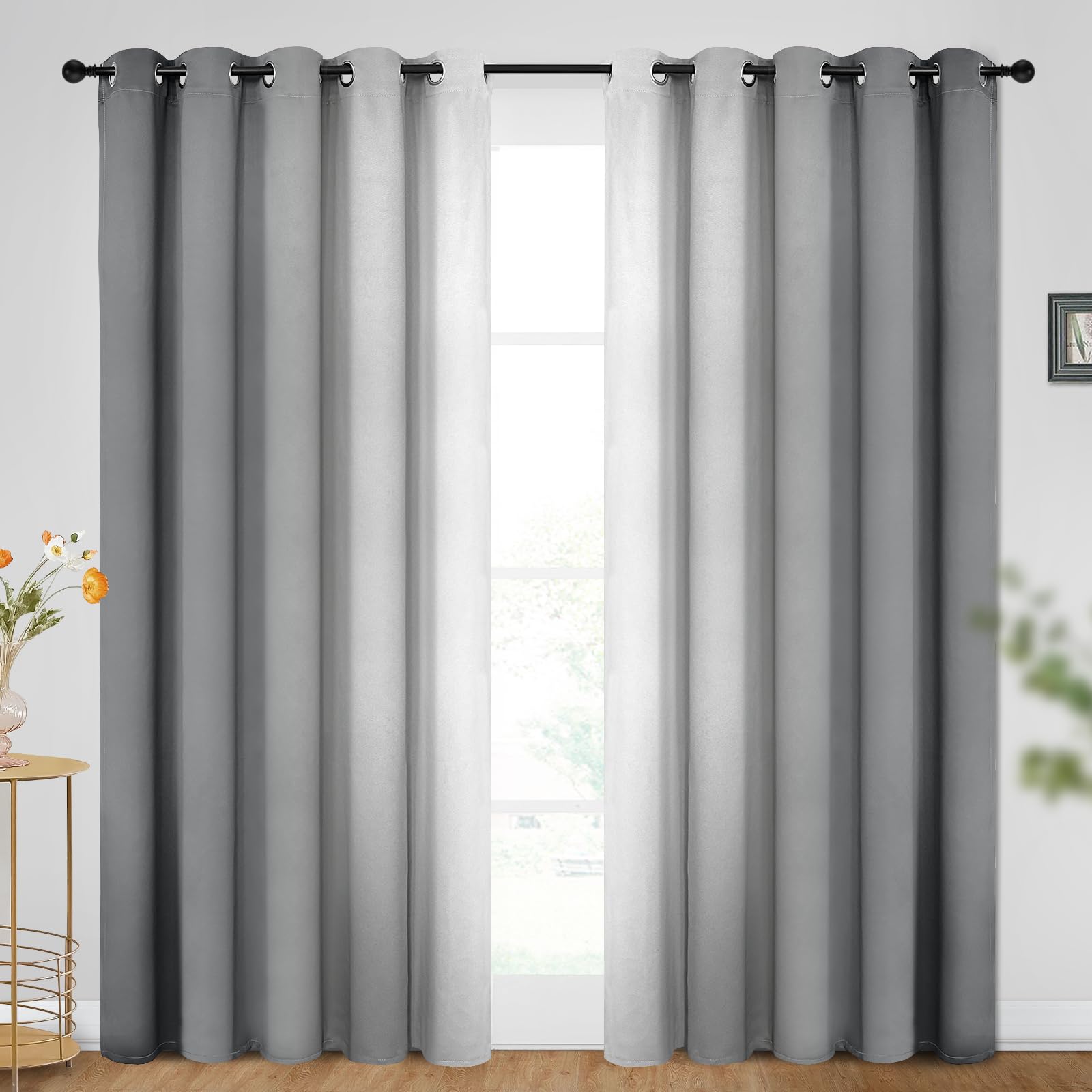 SimpleHome Ombre Room Darkening Curtains for Bedroom, Gradient Grey to Gray White Light Blocking Thermal Insulated Grommet Window Curtains/Drapes for Living Room,2 Panels, 62x84 inches Length