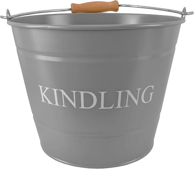 Small Metal Fireside Kindling Bucket with Wooden Handle - Diameter of 23cm (9") - Grey Finish