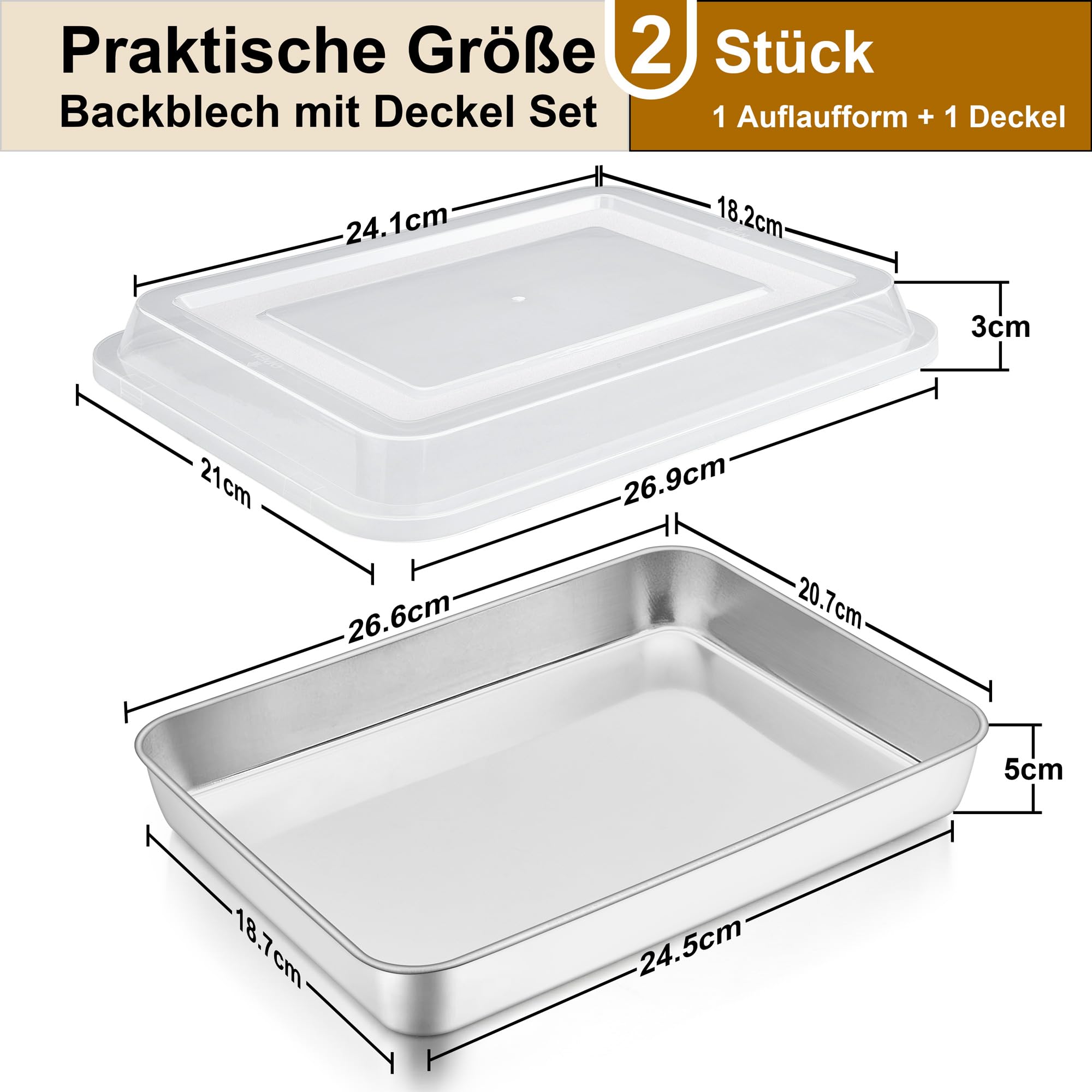 HaWare Backblech mit Deckel, Edelstahl Kleines Rechteckiges Auflaufform Ofenblech mit Transportbox, 26,5x20,7x5cm, Tiefes Kuchenblech Fettpfanne für Brownie Kuchen Lasagna, Gesund, Spülmaschinenfest Küche, Haushalt & Wohnen